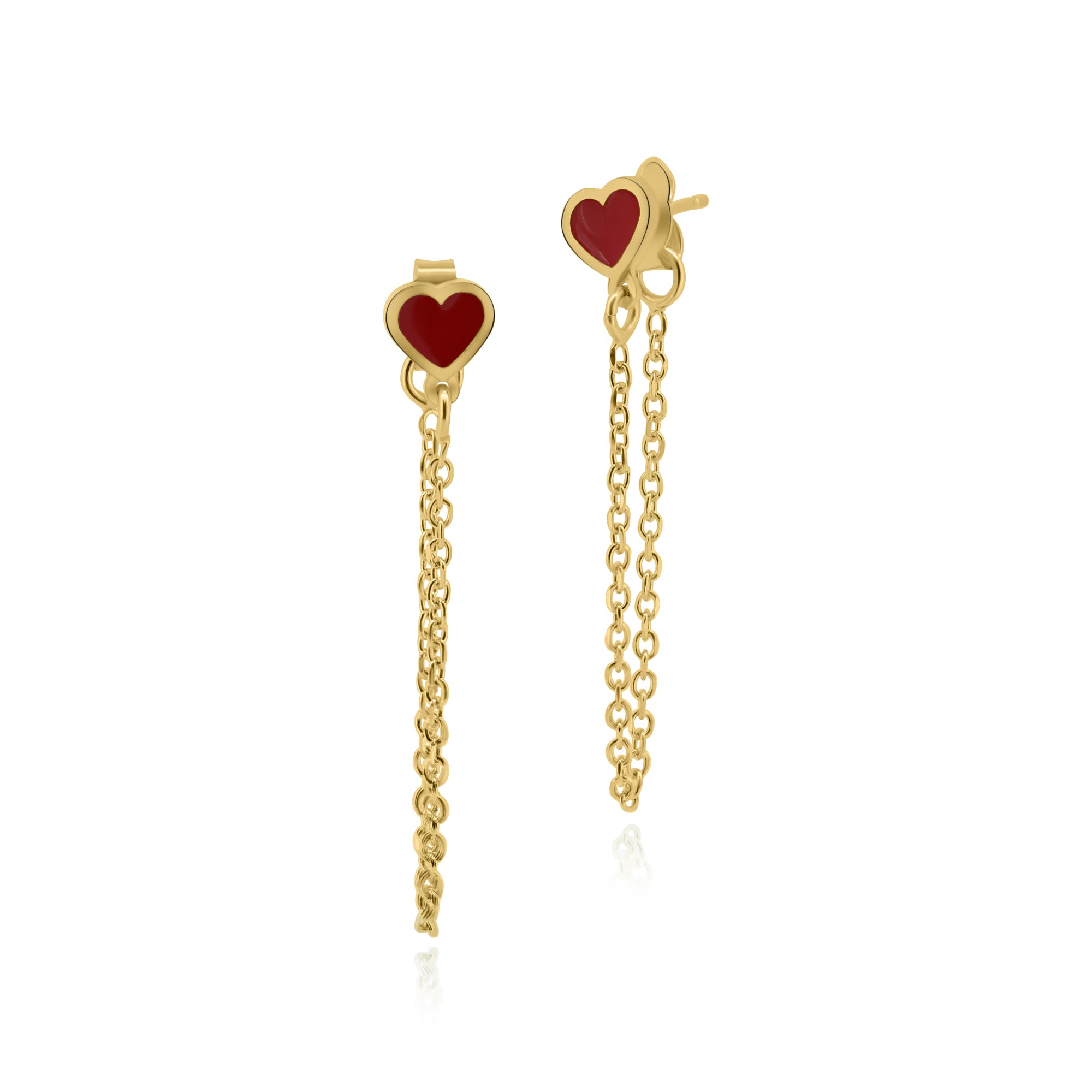 Pendientes colgantes de plata de ley 925 bañados en oro con forma de corazón y esmalte rojo - ITE00096-GP