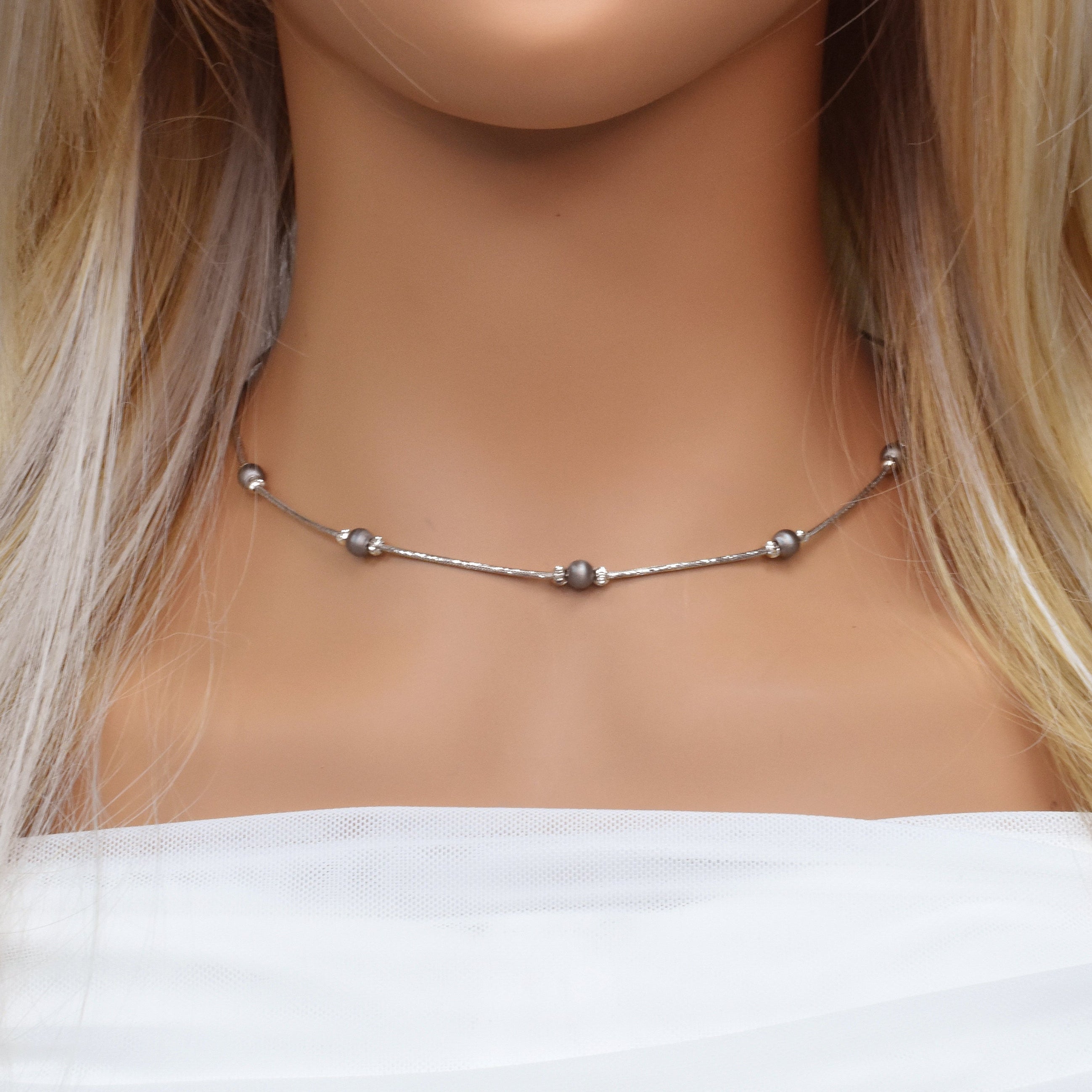 Collar de cuentas italianas en plata de ley 925 con baño de rodio y negro - ITN00001