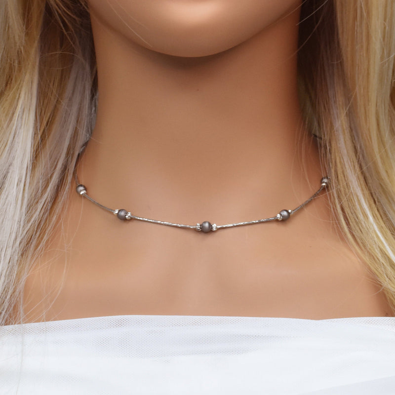 Collar de cuentas italianas en plata de ley 925 con baño de rodio y negro - ITN00001