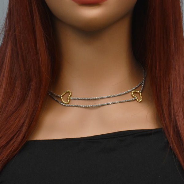 Rhodium & Gold Plated 925 Sterling Silver Italian Moon Cut Beaded Heart Lariat Necklace - ITN00002