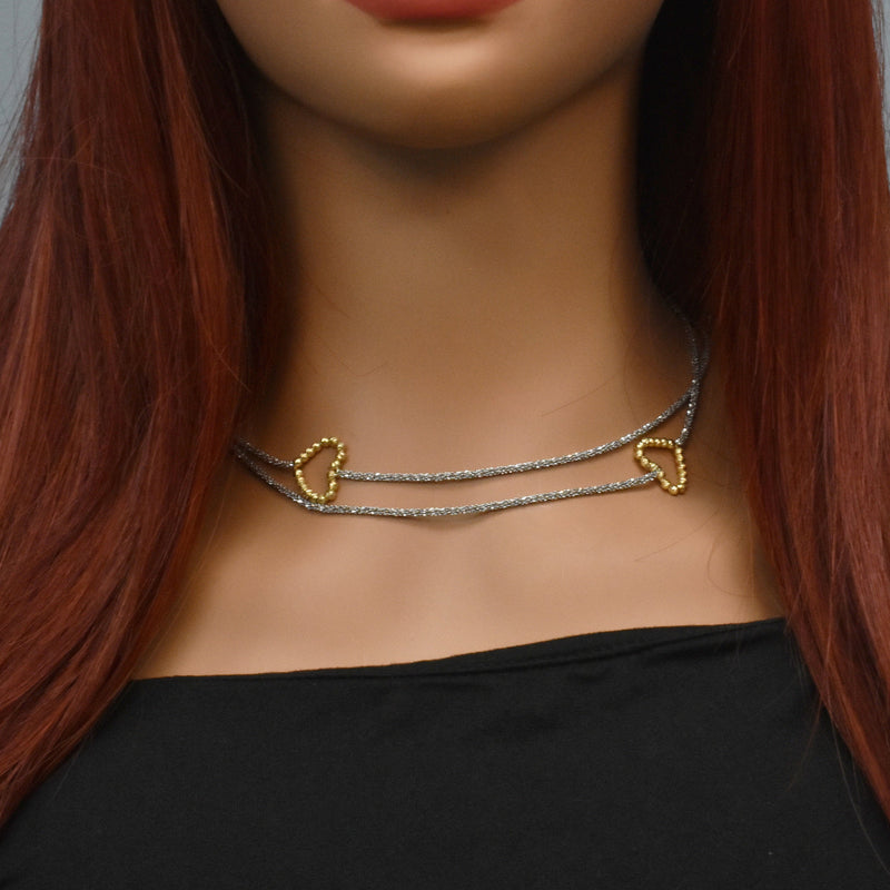 Rhodium & Gold Plated 925 Sterling Silver Italian Moon Cut Beaded Heart Lariat Necklace - ITN00002
