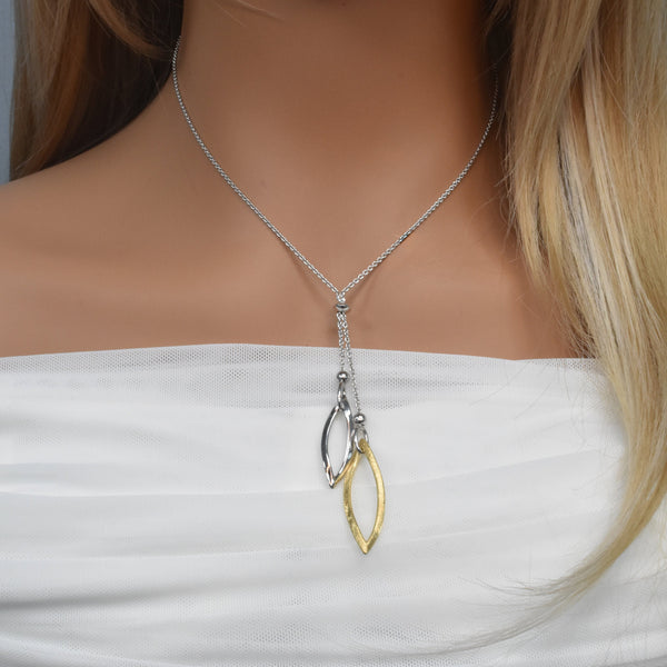 Rhodium & Gold Plated 925 Sterling Silver Italian Twisted Oval Dangle Necklace - ITN00008