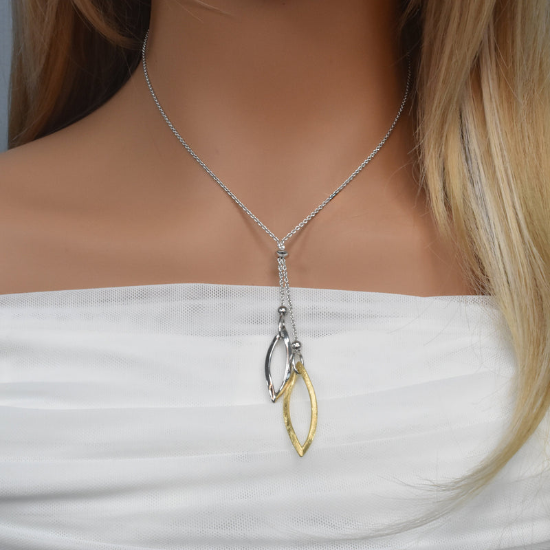 Rhodium & Gold Plated 925 Sterling Silver Italian Twisted Oval Dangle Necklace - ITN00008