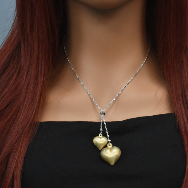 Rhodium & Gold Plated 925 Sterling Silver Italian Puffed Hearts Dangle Necklacee - ITN00010