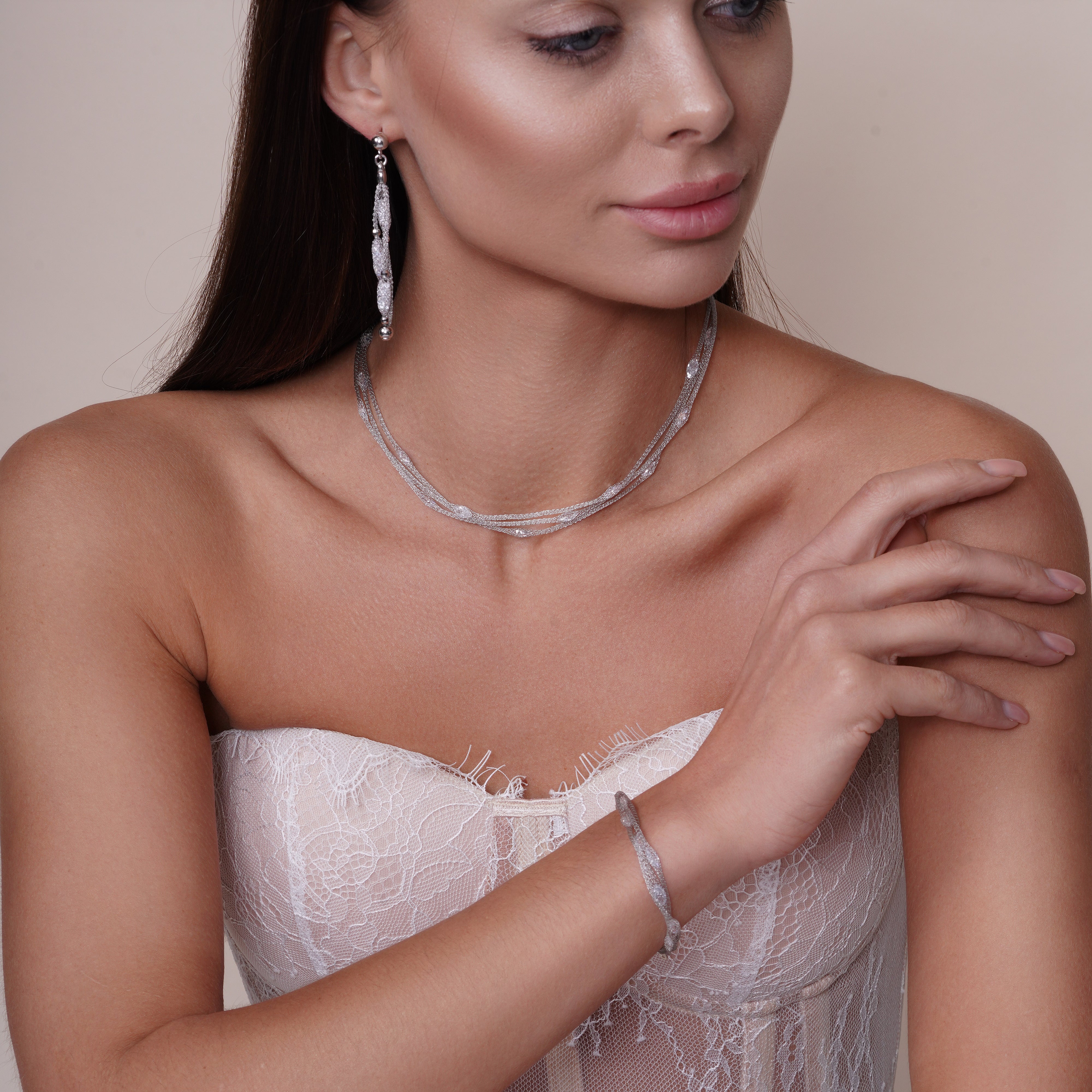 Clearance-Silver 925 Rhodium Plated Triple Strand Mesh Necklace Filled with Marquise CZ - ITN00050