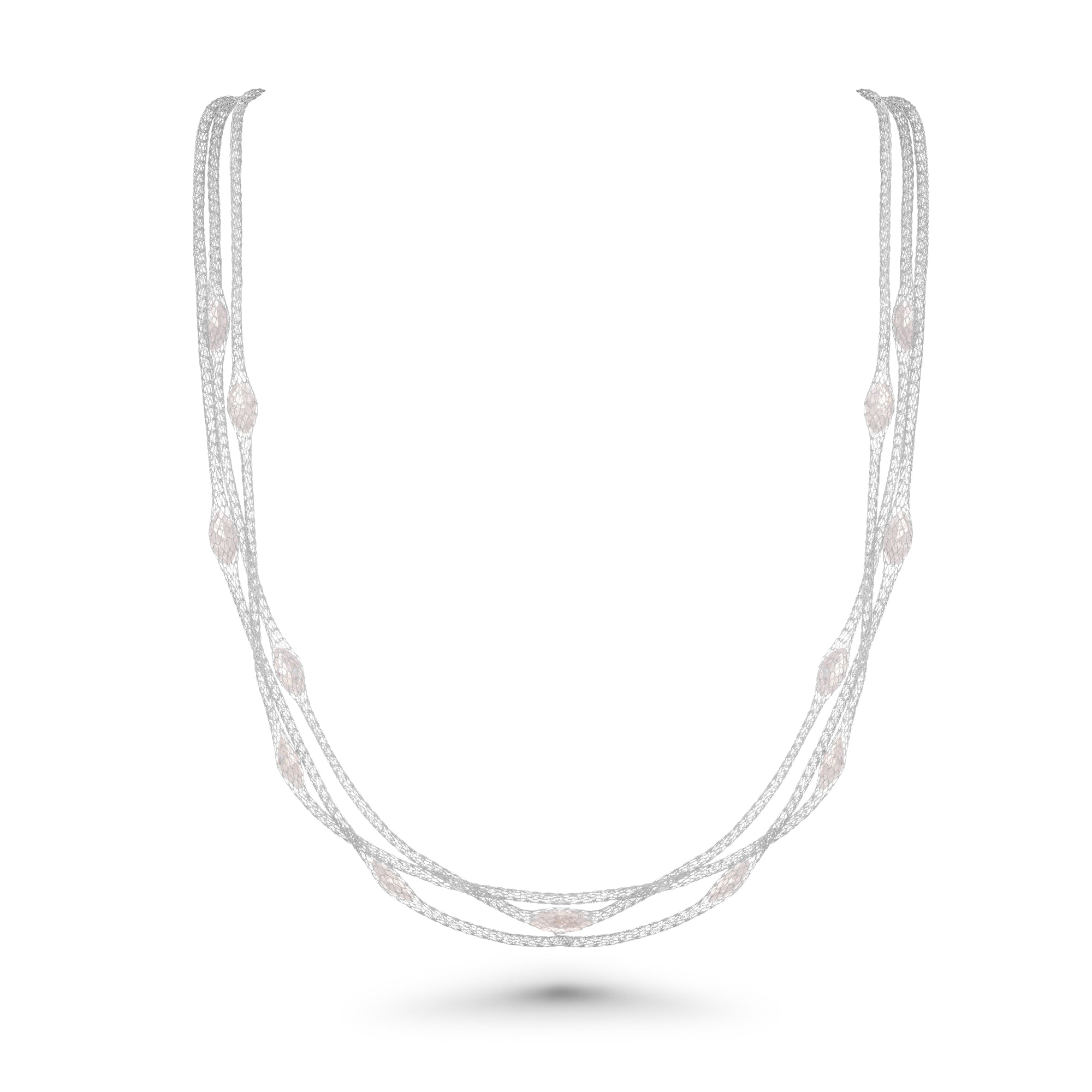 Clearance-Silver 925 Rhodium Plated Triple Strand Mesh Necklace Filled with Marquise CZ - ITN00050