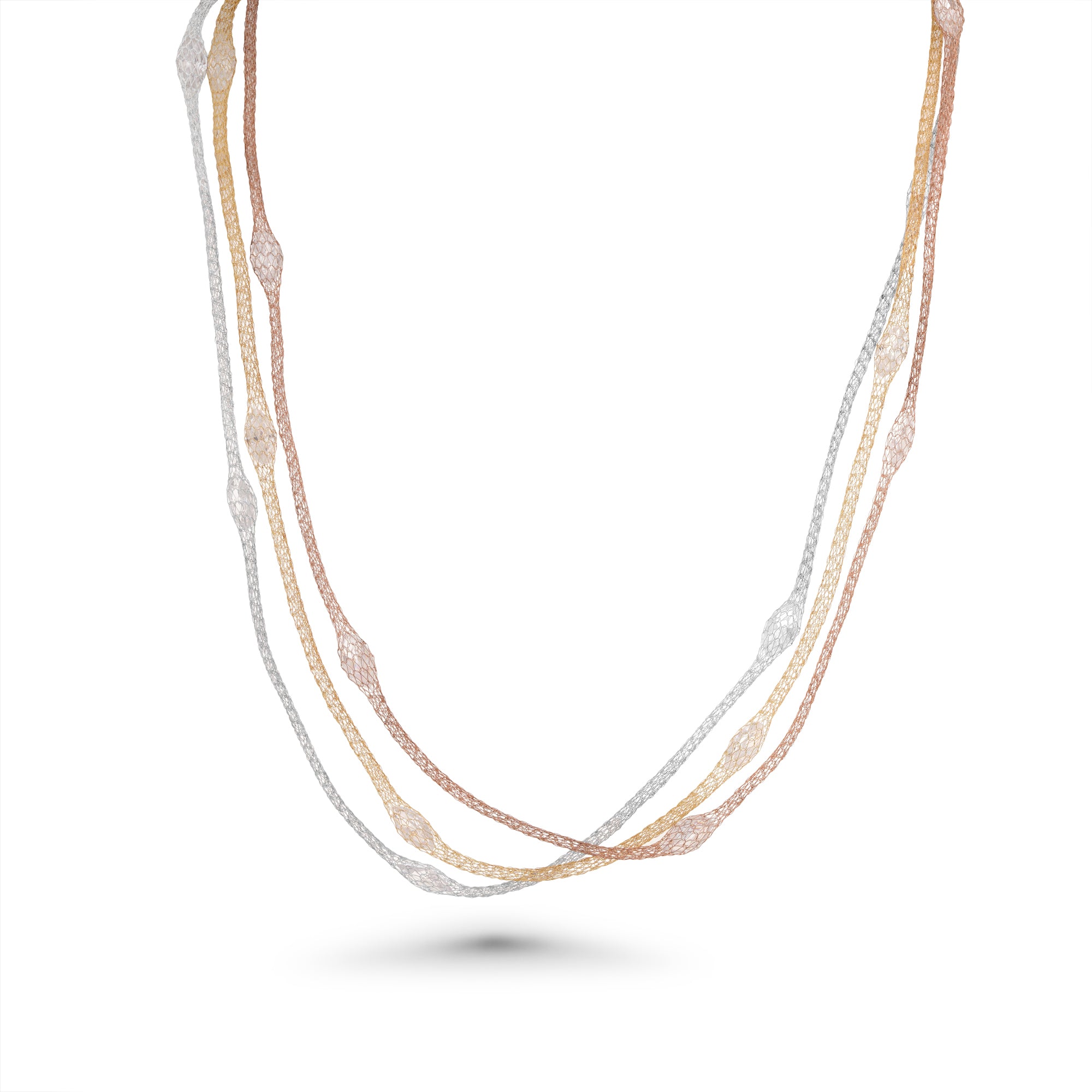 Clearance-Silver 925 Rhodium Plated Triple Strand Mesh Necklace Filled with Marquise CZ - ITN00050