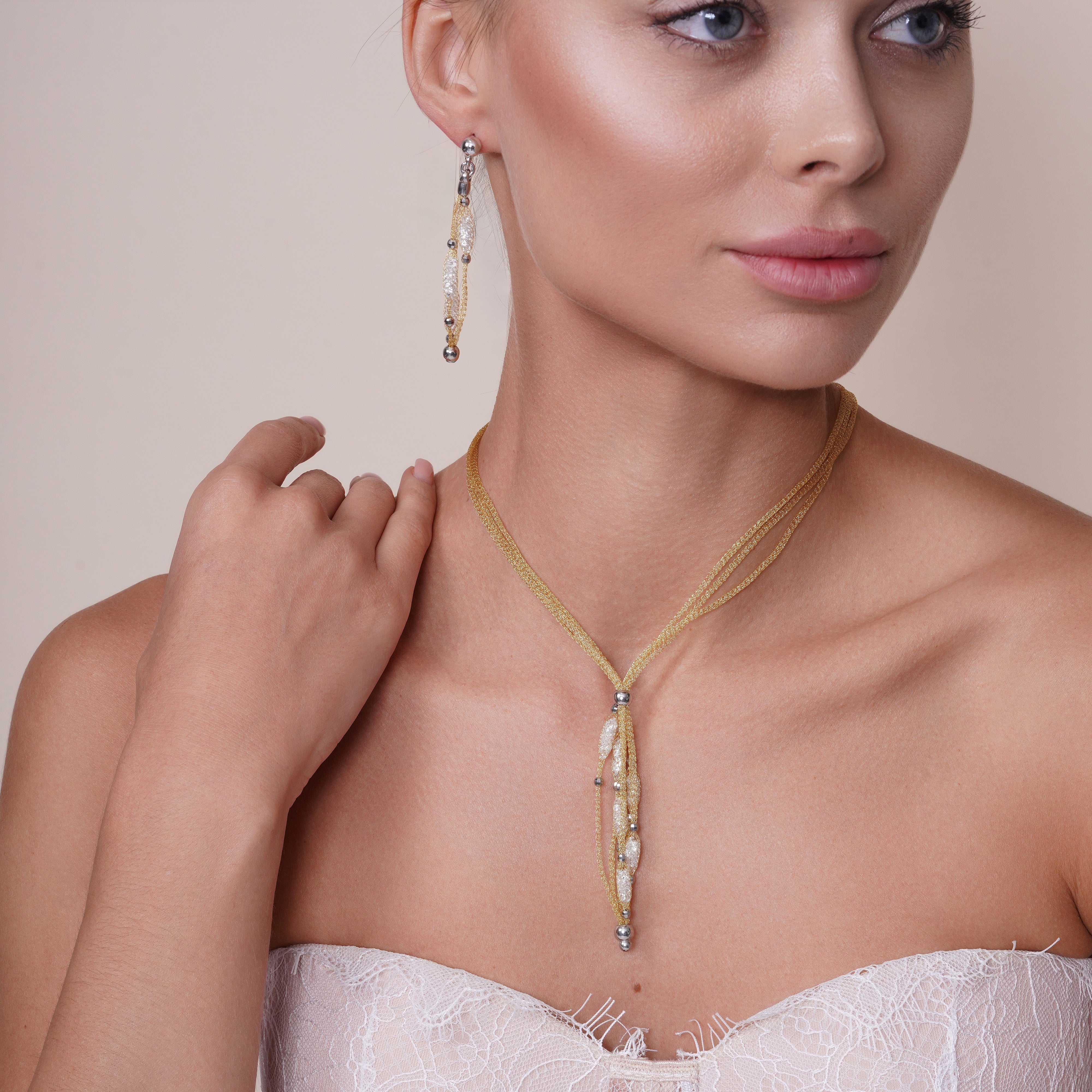 Clearance-Plated 925 Sterling Silver Triple Strand Mesh Italian Necklace and Dropped Mesh Filled with CZ - ITN00065