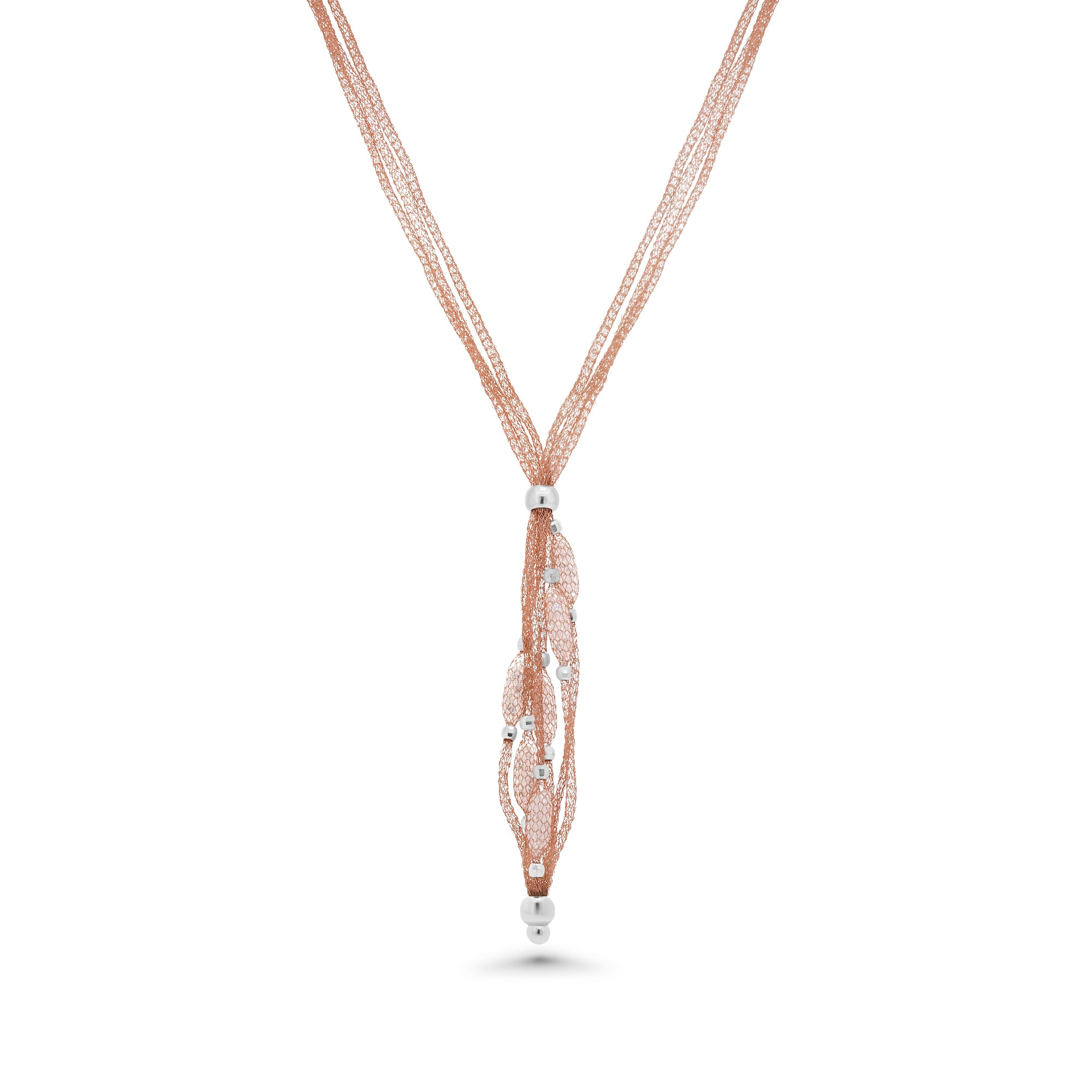 Clearance-Plated 925 Sterling Silver Triple Strand Mesh Italian Necklace and Dropped Mesh Filled with CZ - ITN00065