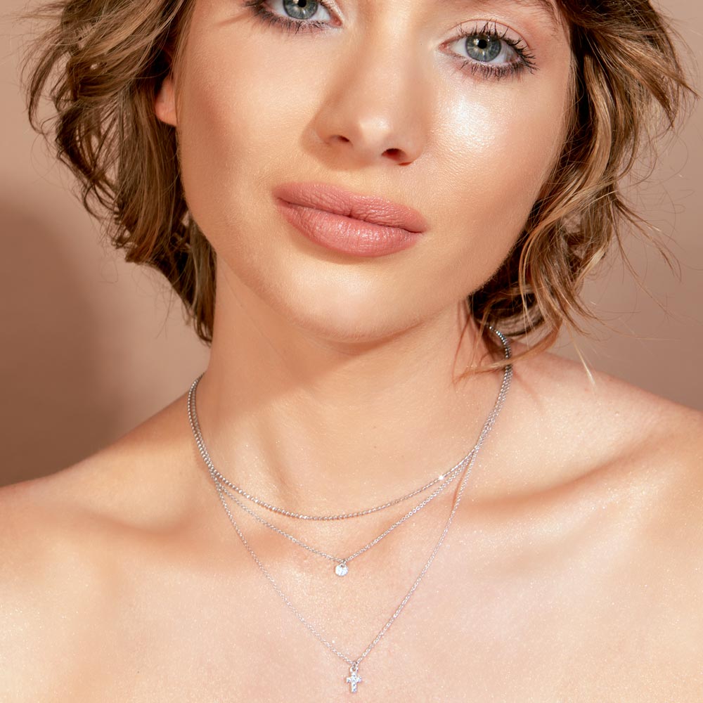 Rhodium Plated 925 Sterling Silver Triple Beaded Chain CZ Heart