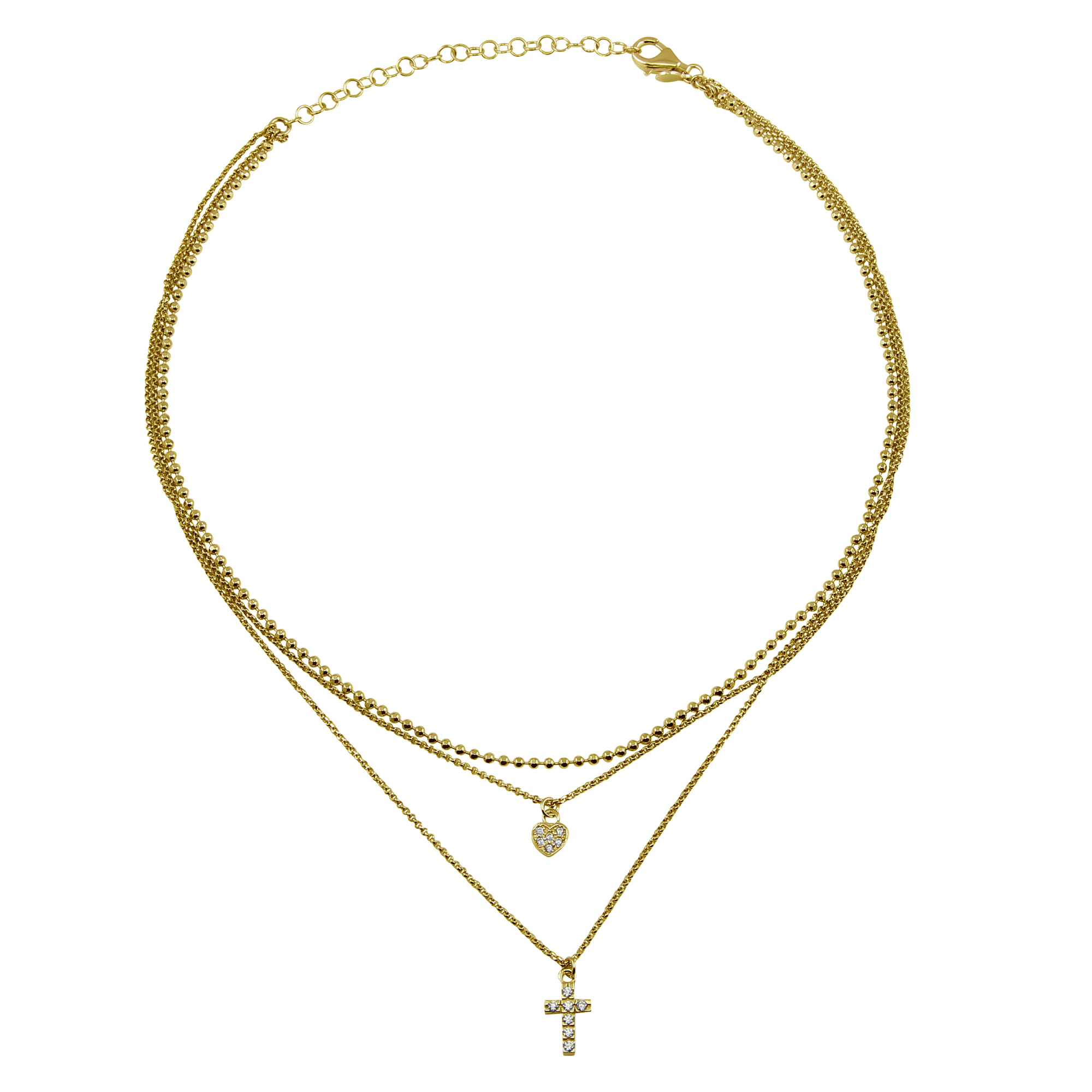 Collar de Corazón CZ y Cruz, Cadena de Triple Bola, Baño de Plata de Ley 925 - ITN00123