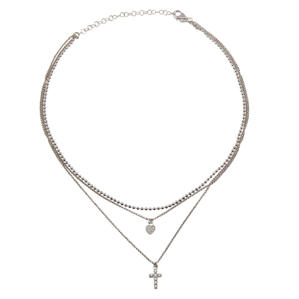 Rhodium Plated 925 Sterling Silver Triple Beaded Chain CZ Heart, Cross Necklace - ITN00123RH