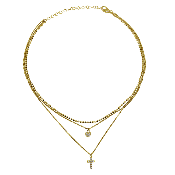 Gold Plated 925 Sterling Silver Triple Beaded Chain CZ Heart, Cross Necklace - ITN00123GP
