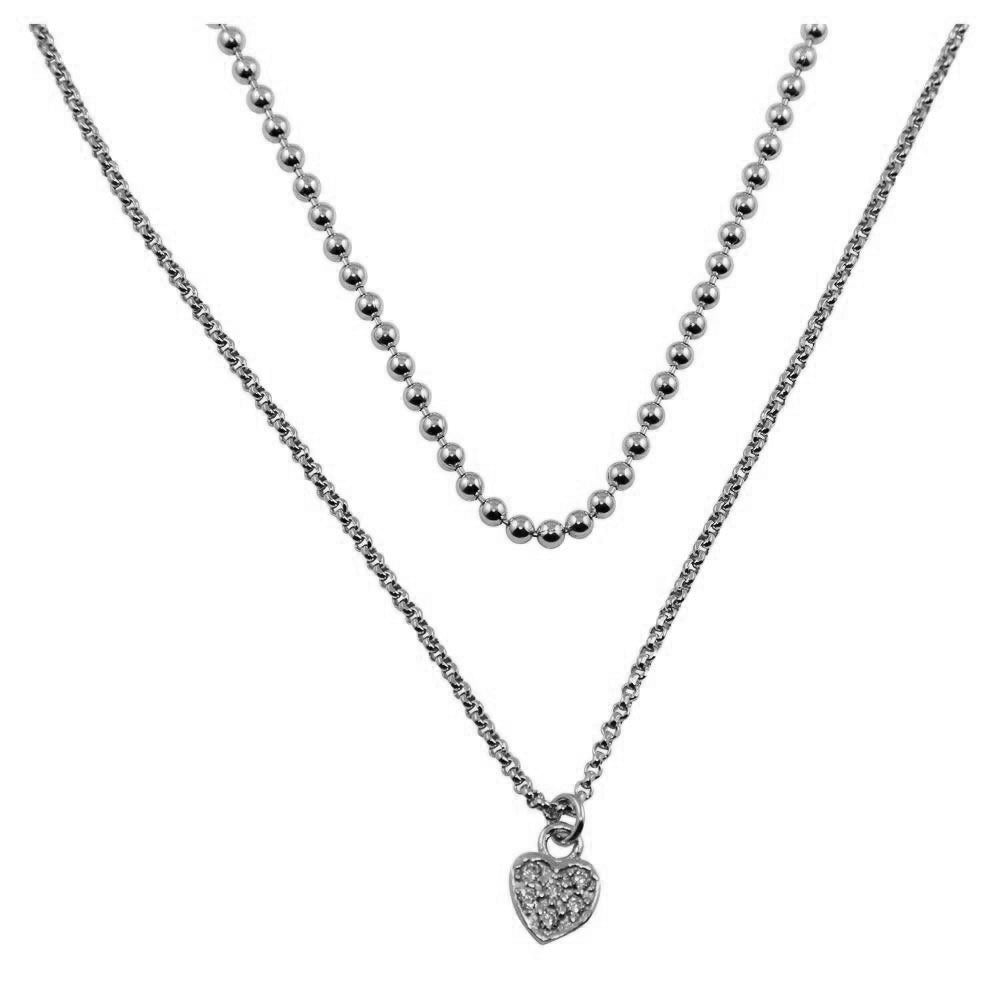 Plated 925 Sterling Silver Double Chain and Drop Heart Necklace - ITN00127