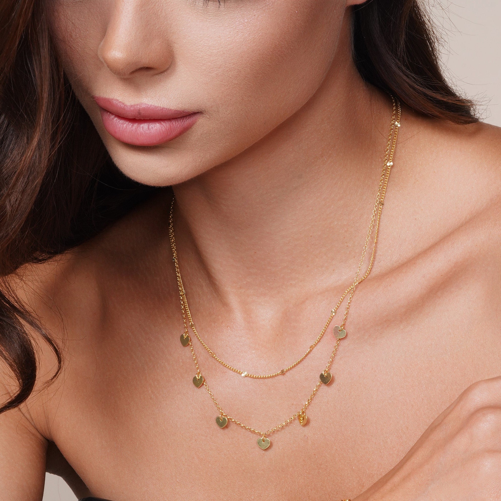 Gold Plated 925 Sterling Silver Multi Chain Dangling Heart Charm Necklace  - ITN00143-GP