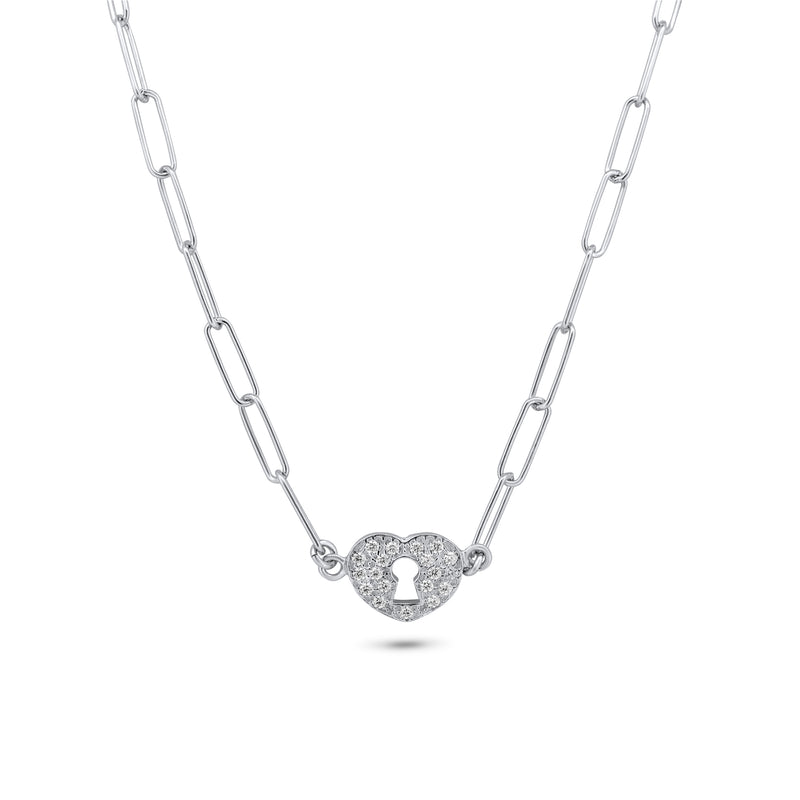 Collar con candado de corazón de circonita transparente ajustable con clip chapado en rodio de plata 925 - ITN00163-RH