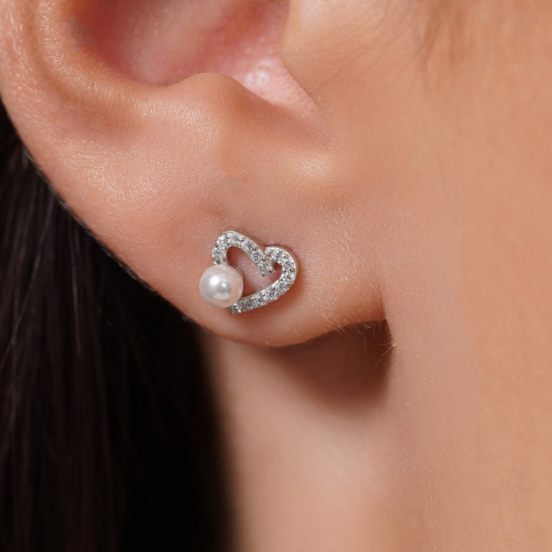 Sterling Silver Rhodium Plated Assymetrical Heart Synthetic Pearl Stud Earring - JTE00001