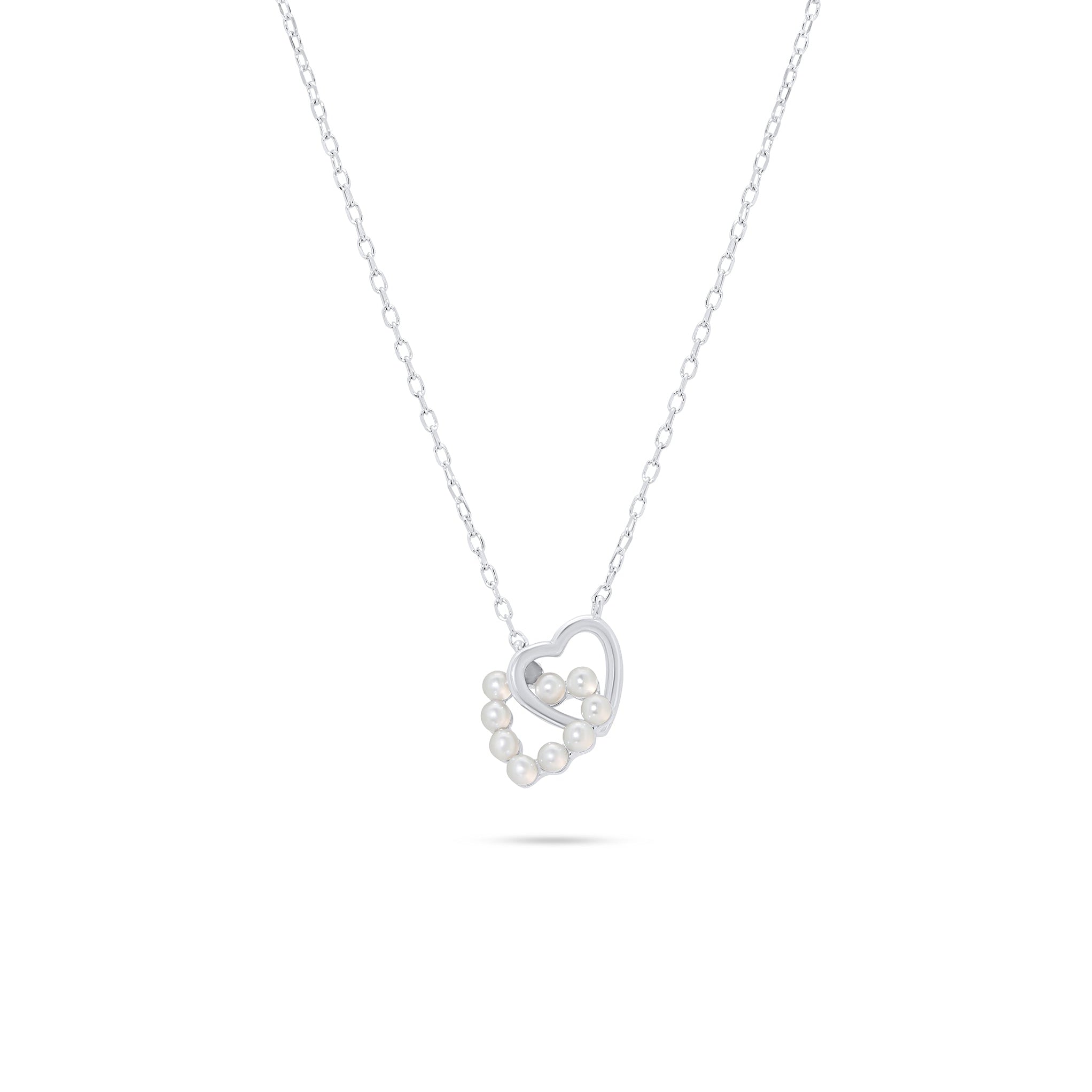 Rhodium Plated 925 Sterling Silver Intertwined Synthetic Pearl Heart Adjustable Necklace - JTN00002