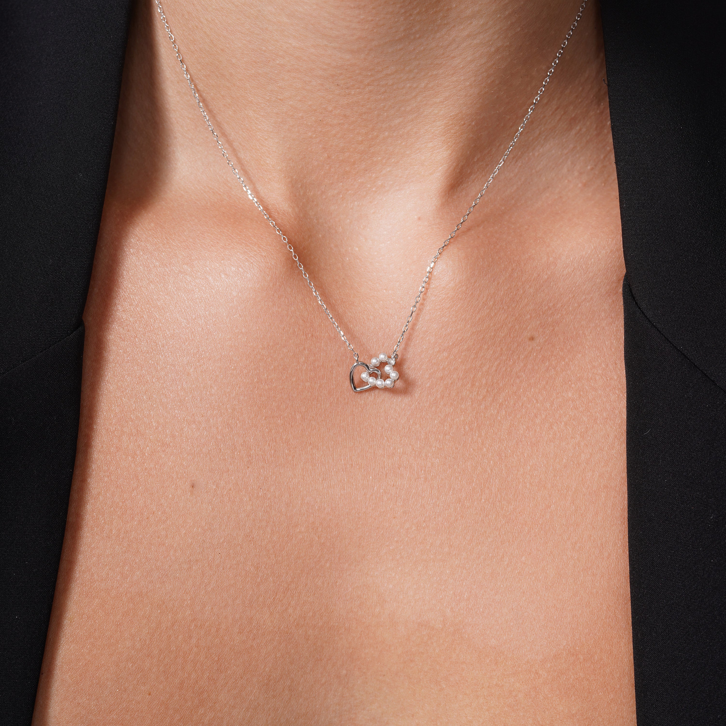 Rhodium Plated 925 Sterling Silver Intertwined Synthetic Pearl Heart Adjustable Necklace - JTN00002