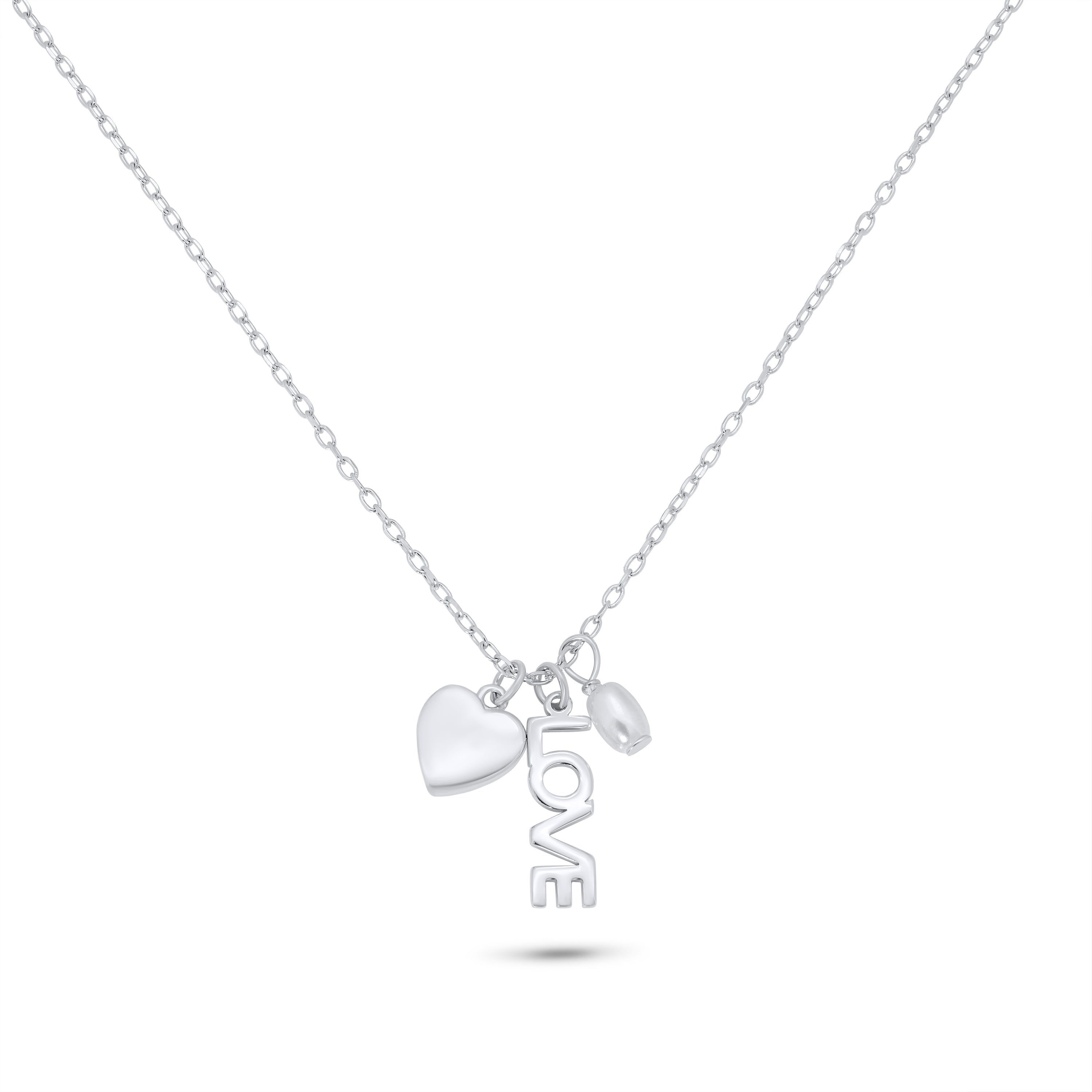 Rhodium Plated 925 Sterling Silver Love Heart Synthetic Pearl Charm Adjustable Necklace - JTN00004