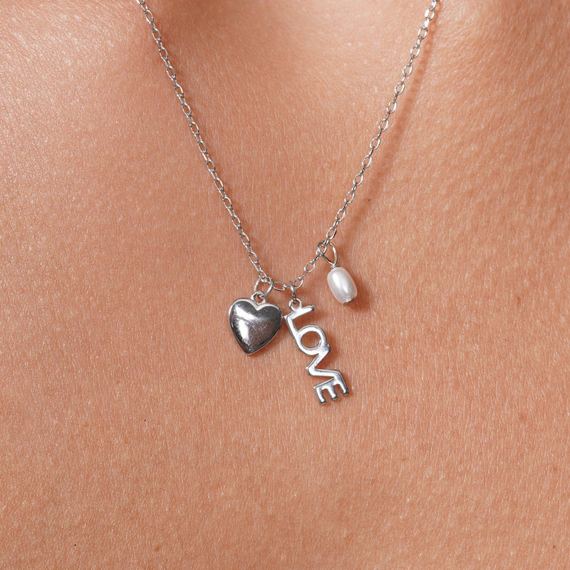 Rhodium Plated 925 Sterling Silver Love Heart Synthetic Pearl Charm Adjustable Necklace - JTN00004