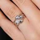 Rhodium Plated 925 Sterling Silver Heart Clover Clear CZ Ring Set - JTR00001