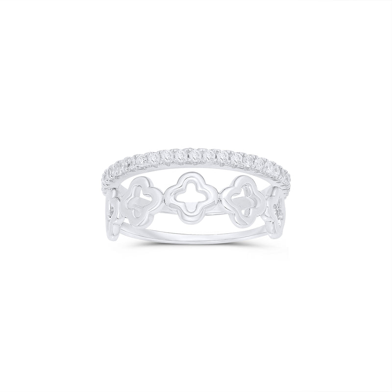Rhodium Plated 925 Sterling Silver Eternity Clover Clear CZ Ring Set - JTR00002