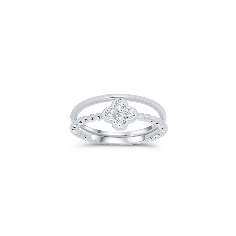 Rhodium Plated 925 Sterling Silver Beaded Clover Plain Rounded Band Clear CZ Ring Set - JTR00003