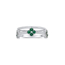 Rhodium Plated 925 Sterling Silver Triple Clover Plain Rounded Band Clear and Green CZ Ring Set - JTR00004