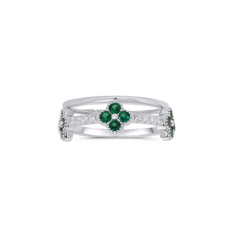Rhodium Plated 925 Sterling Silver Triple Clover Plain Rounded Band Clear and Green CZ Ring Set - JTR00004