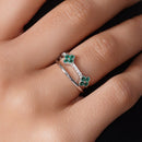 Rhodium Plated 925 Sterling Silver Triple Clover Plain Rounded Band Clear and Green CZ Ring Set - JTR00004