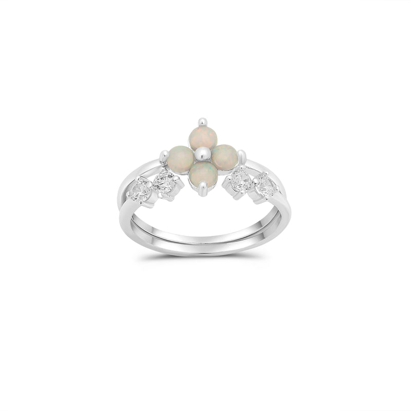 Rhodium Plated 925 Sterling Silver Synthetic Opal Clover And Open Bypass Clear CZ Ring Set - JTR00005
