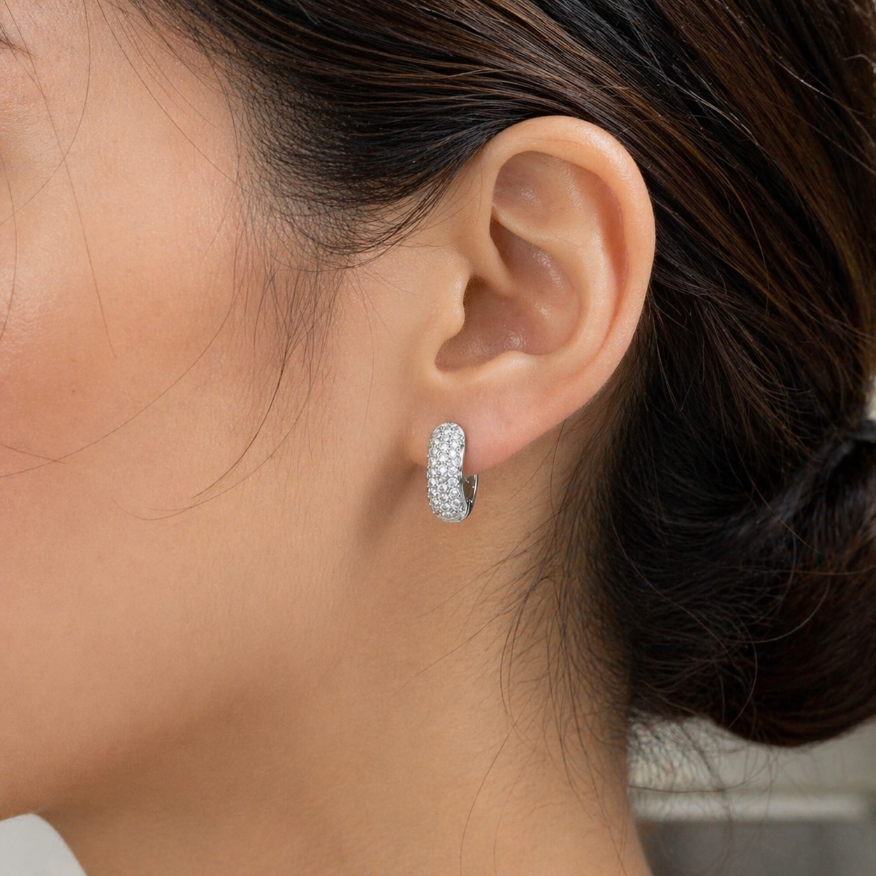 Rhodium Plated 925 Sterling Silver Lab Grown Diamond Iced Out Double Row CZ Huggie Hoop Earrings - LGME00017