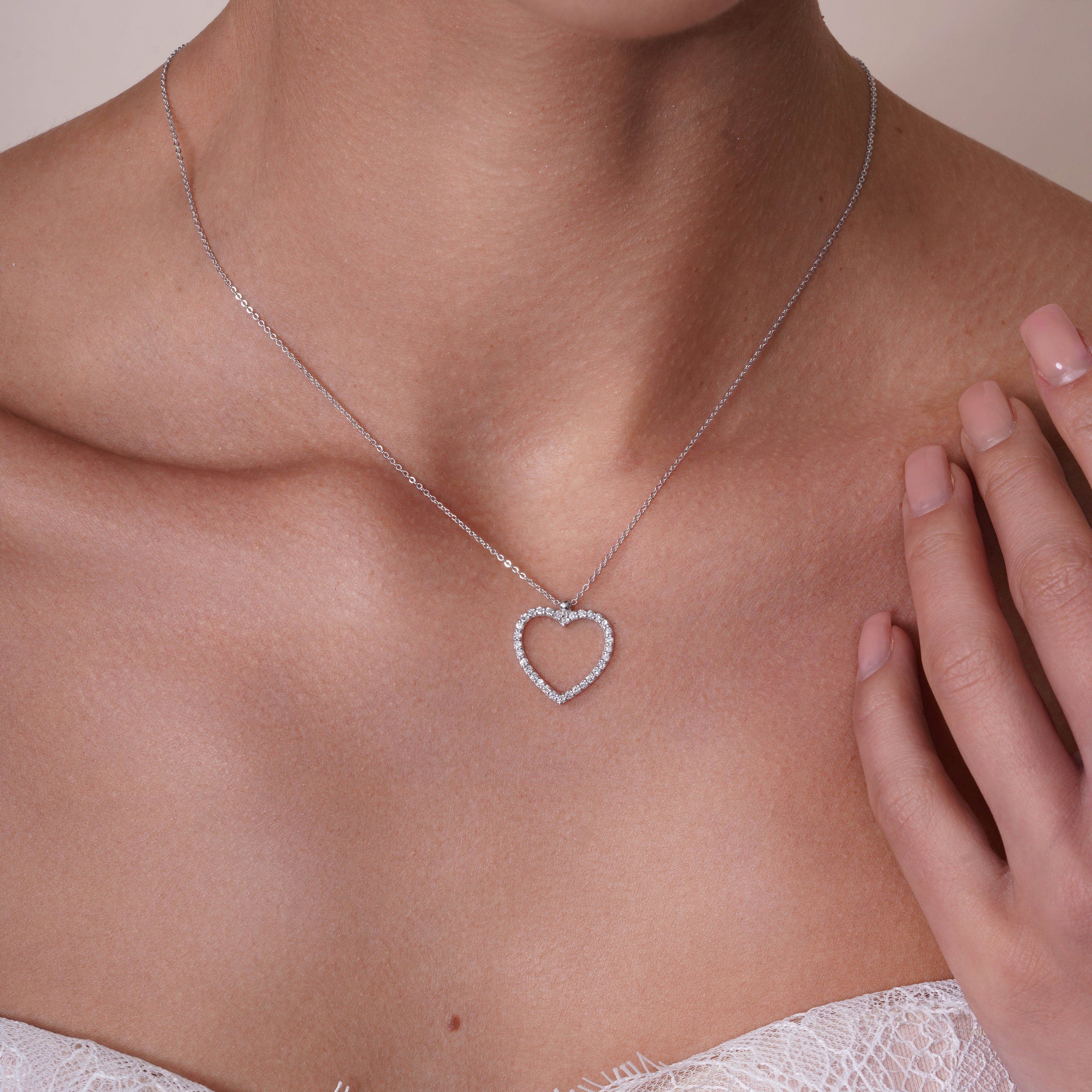 Rhodium Plated 925 Sterling Silver Lab Grown Diamond Heart Pendant Adjustable Necklace - LGMN00001