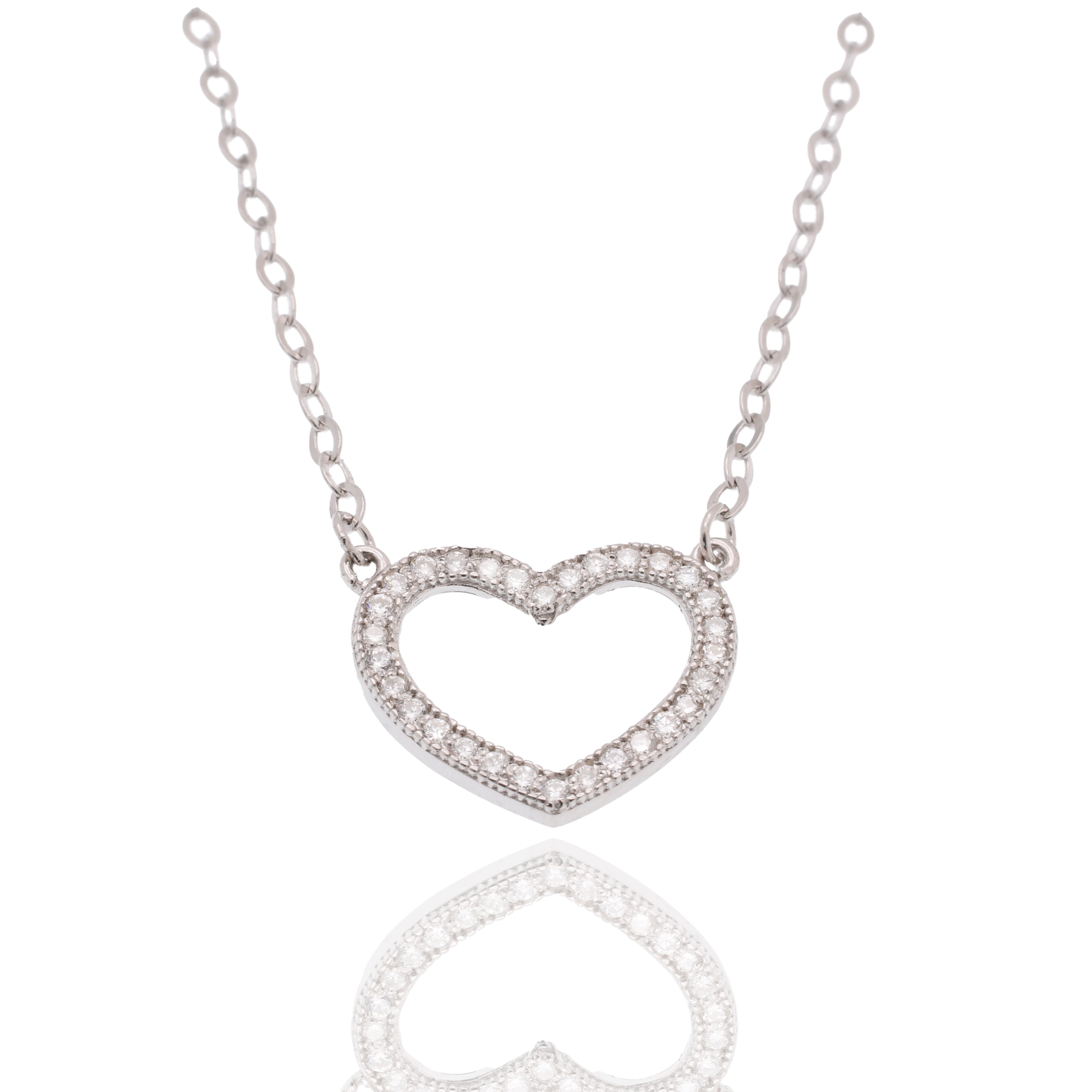 Rhodium Plated 925 Sterling Silver Lab Grown Diamond on 13.5mm x 10.5mm Heart Pendant Adjustable Necklace - LGMN00006