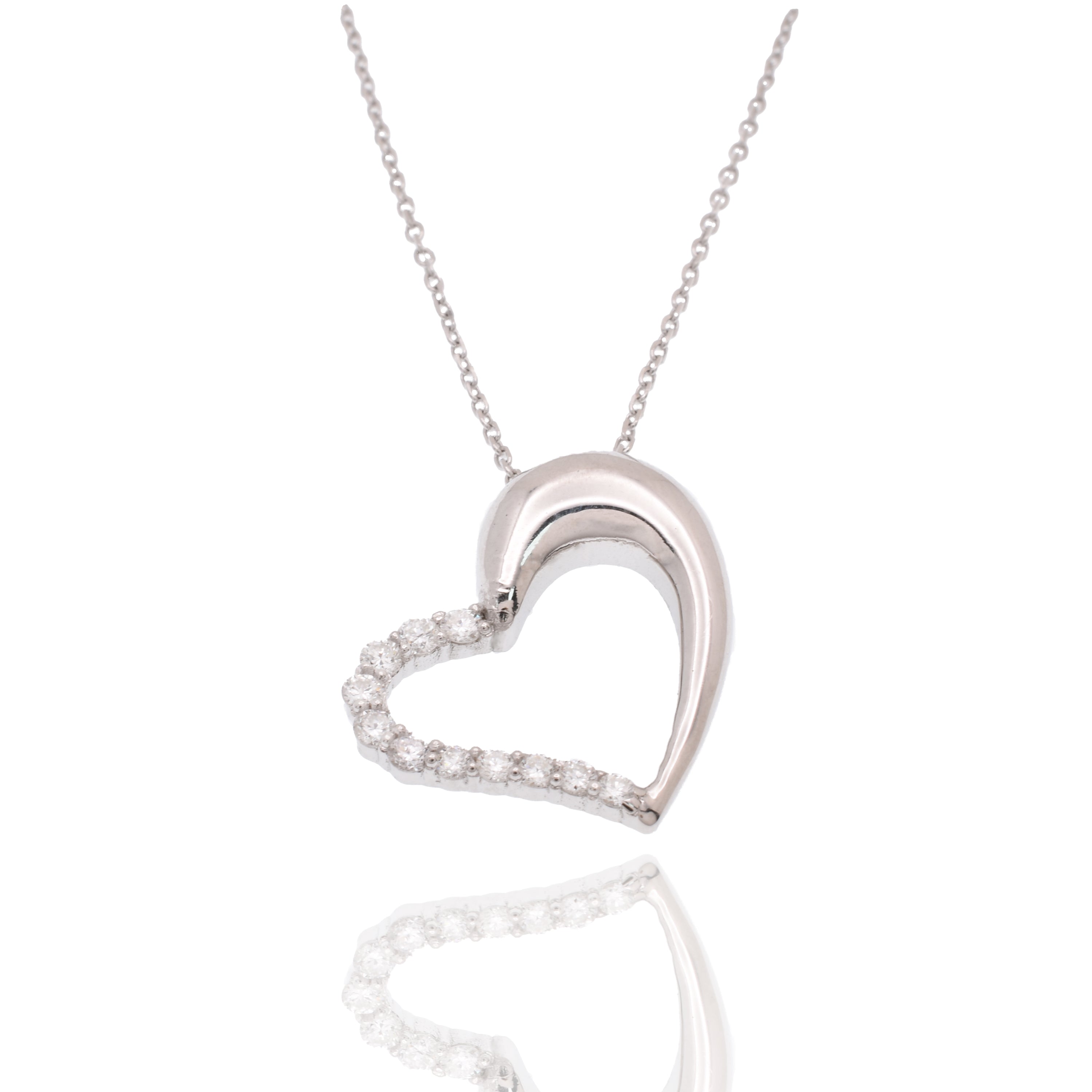 Rhodium Plated 925 Sterling Silver Lab Grown Diamond on 16.4mm x 21.1mm Assymetrical Heart Pendant Adjustable Necklace - LGMN00007