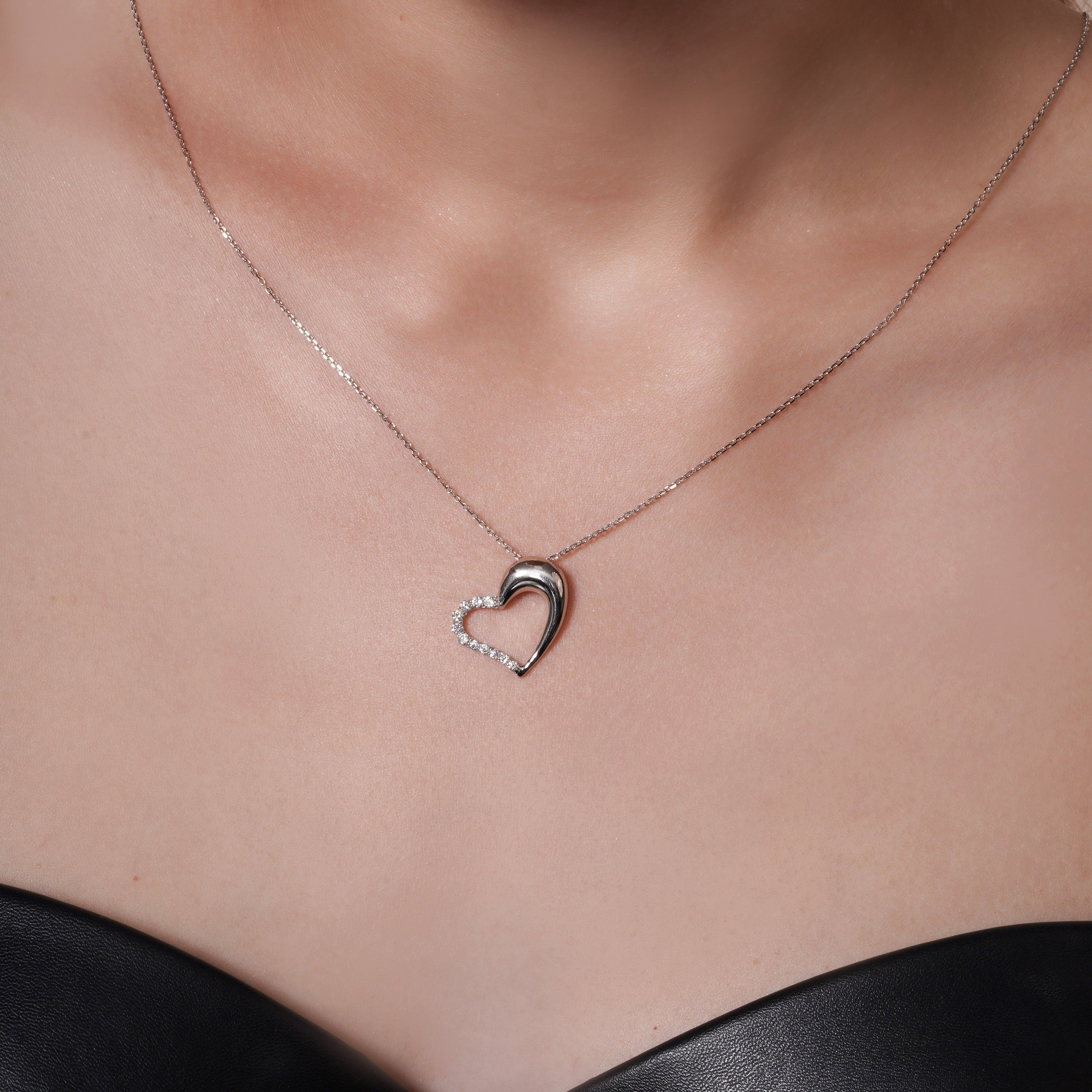 Rhodium Plated 925 Sterling Silver Lab Grown Diamond on 16.4mm x 21.1mm Assymetrical Heart Pendant Adjustable Necklace - LGMN00007