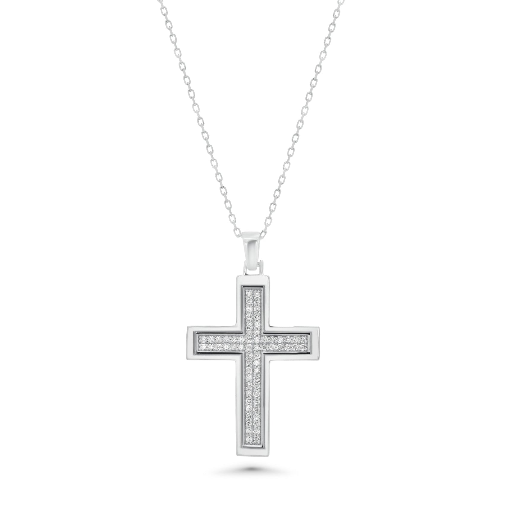 Rhodium Plated 925 Sterling Silver Lab Grown Diamond 34mm x 21mm Cross Pendant Necklace - LGMN00009