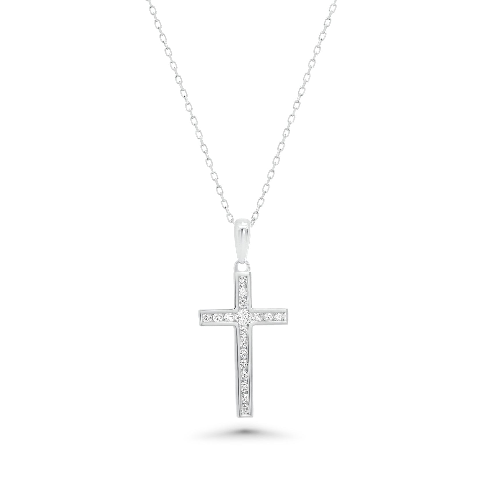 Rhodium Plated 925 Sterling Silver Dainty Lab Grown Diamond 22.5mm x 13.5mm Cross Pendant Necklace - LGMN00011