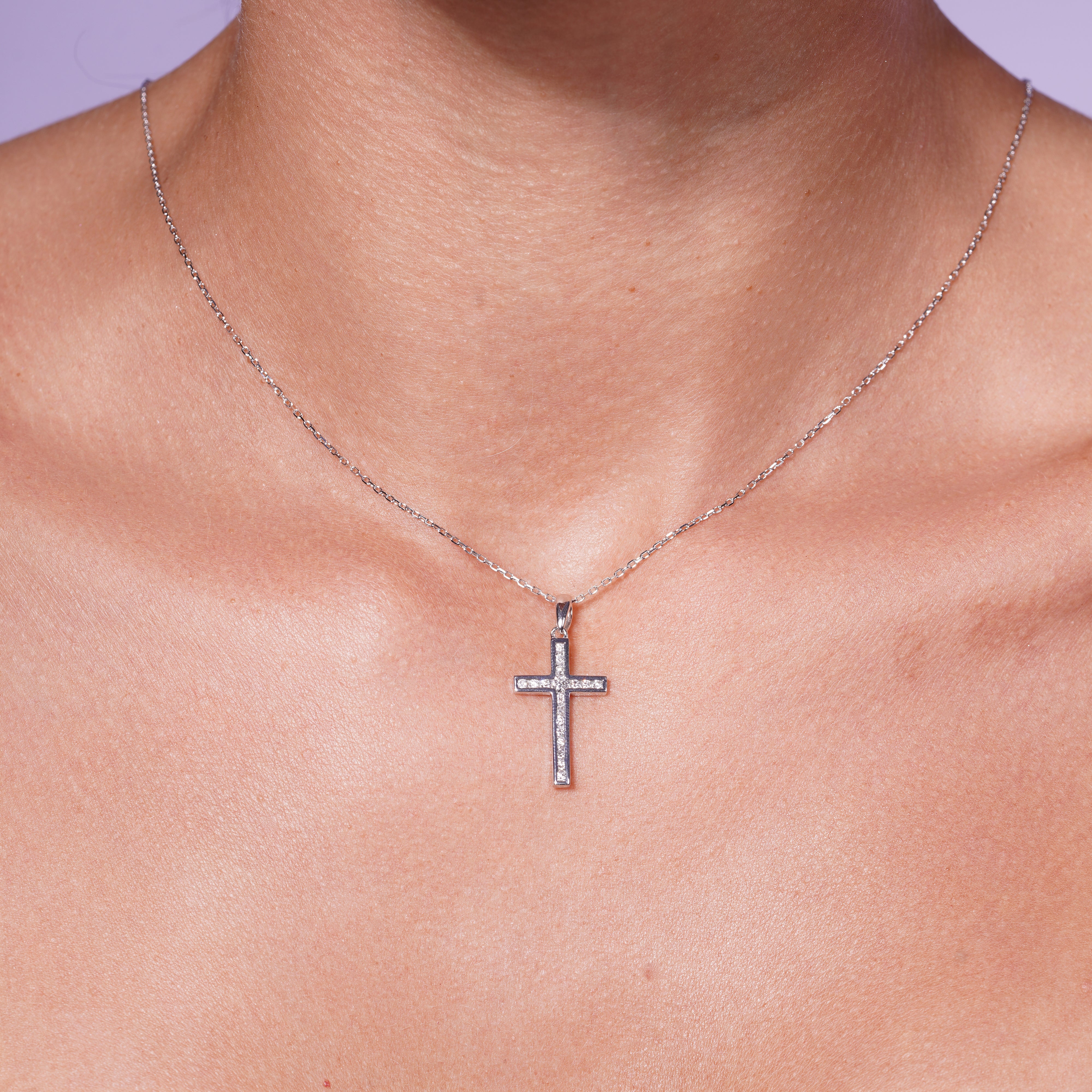 Rhodium Plated 925 Sterling Silver Dainty Lab Grown Diamond 22.5mm x 13.5mm Cross Pendant Necklace - LGMN00011