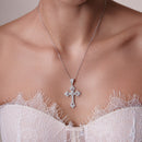 Rhodium Plated 925 Sterling Silver Ornate Large Lab Grown Diamond Cross Necklace - LGMN00012