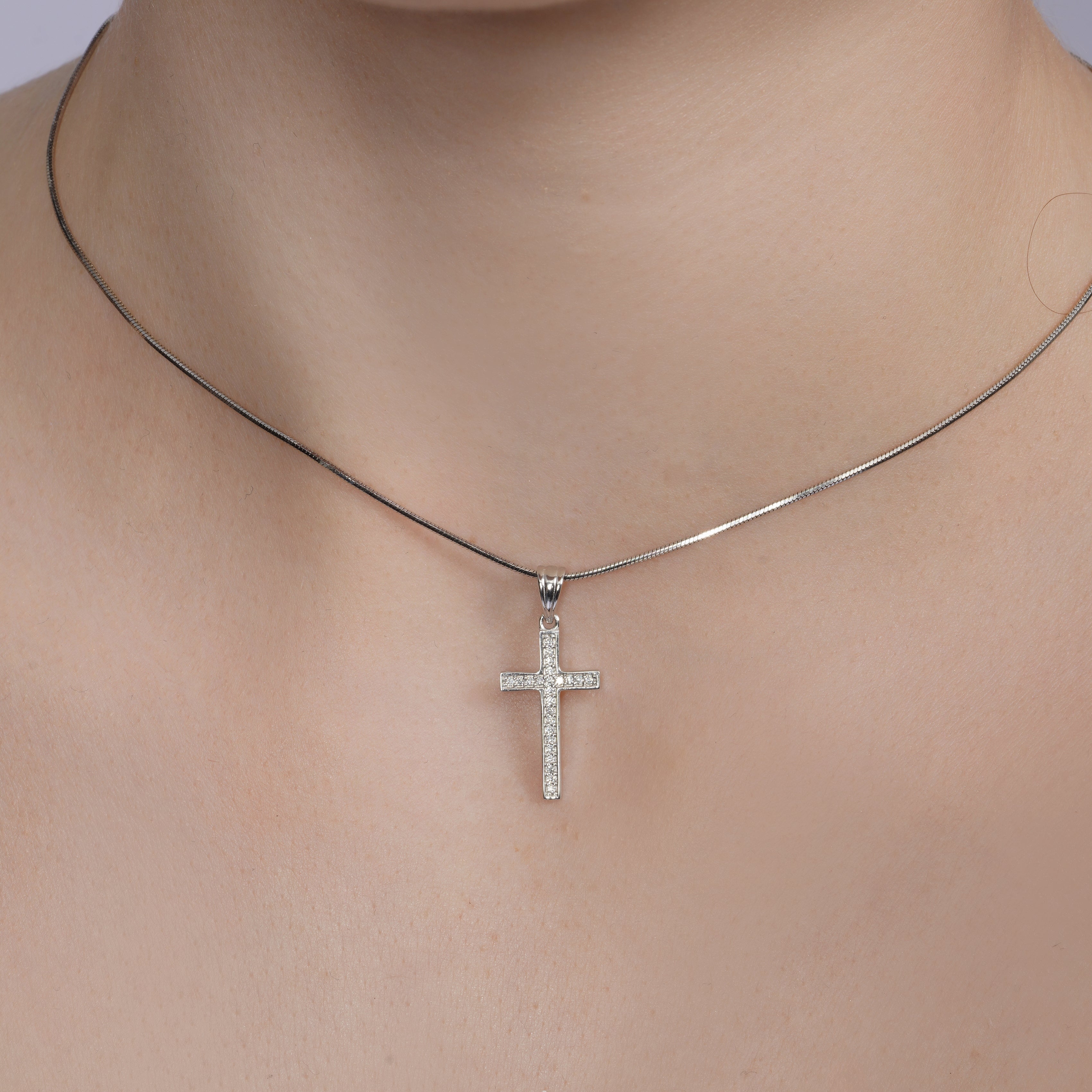 Rhodium Plated 925 Sterling Silver Dainty Lab-Grown Diamond Crucifix Pendant Necklace- LGMN00016