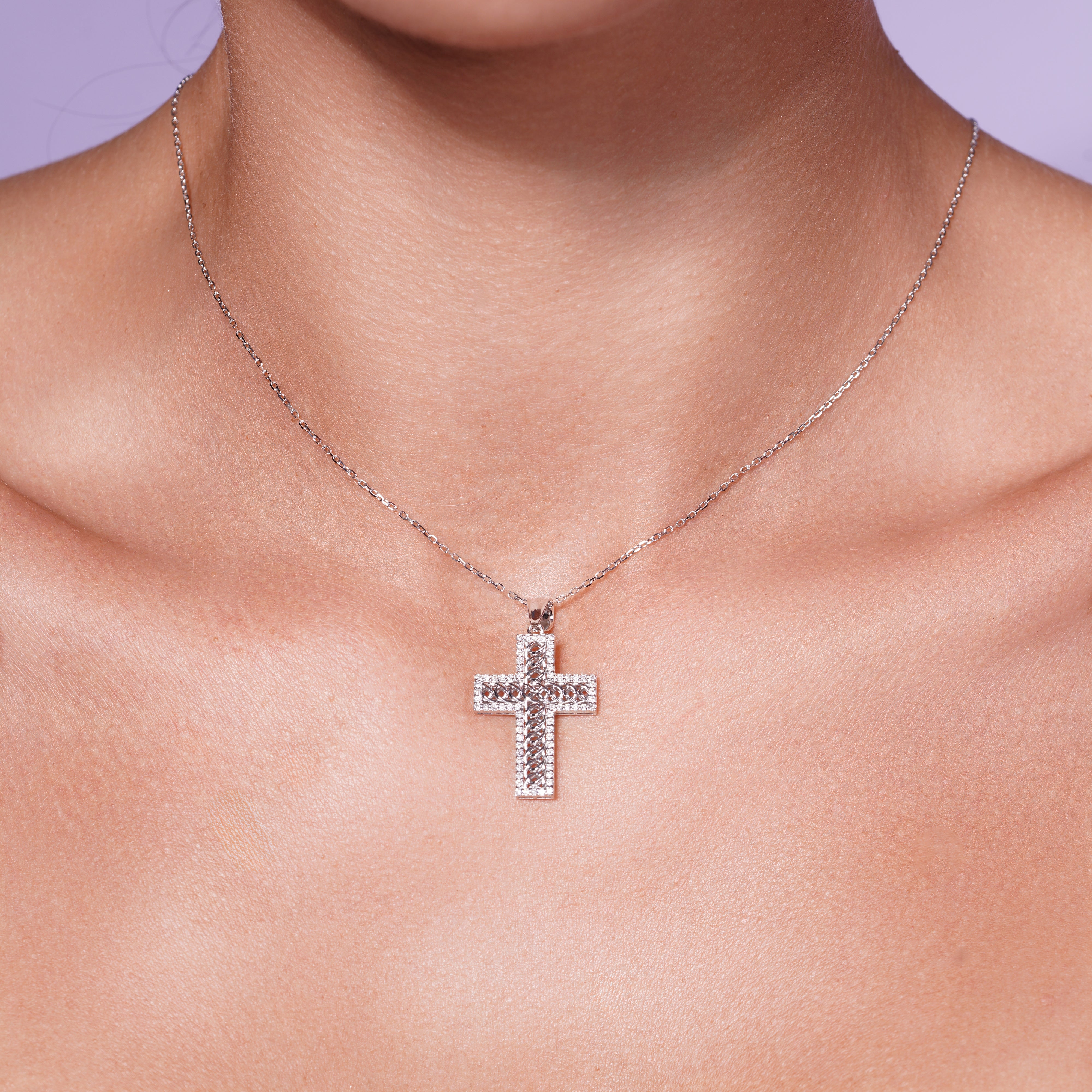 Rhodium Plated 925 Sterling Silver Ornate Lab Grown Diamond 25mm x 18.3mm Cross Pendant Necklace - LGMN00017