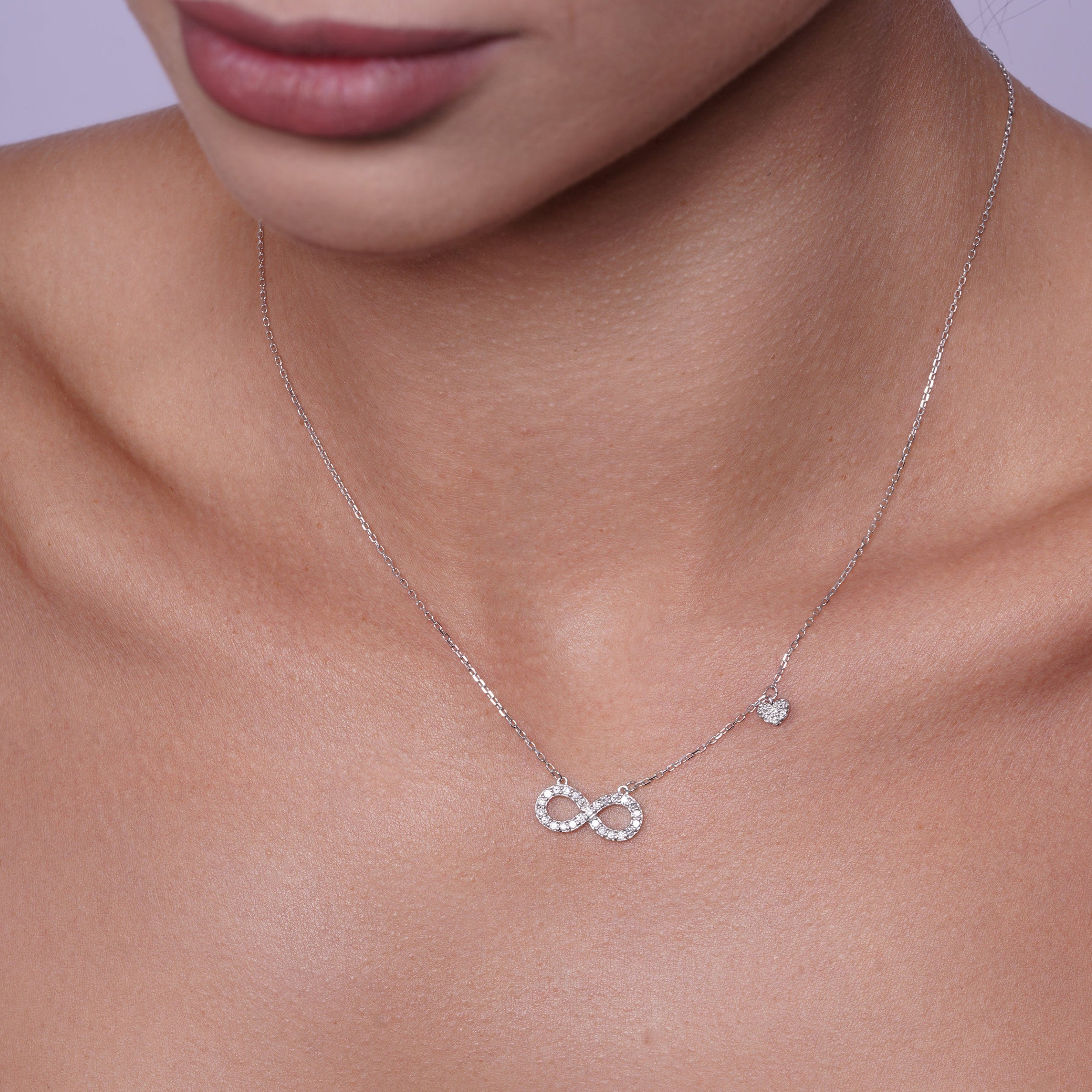 Rhodium Plated 925 Sterling Silver Lab Grown Heart and Infinity Charm Adjustable Necklace - LGMN00020