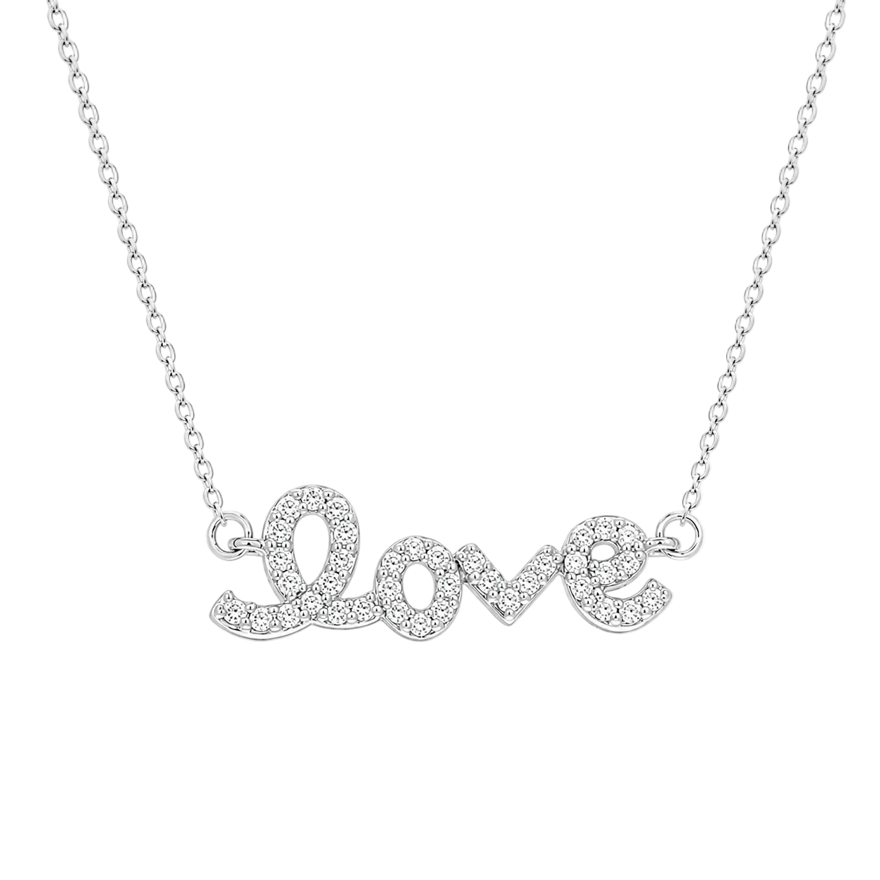 Rhodium Plated 925 Sterling Silver Lab Grown Diamond Love Script Pendant Necklace- LGMN00030
