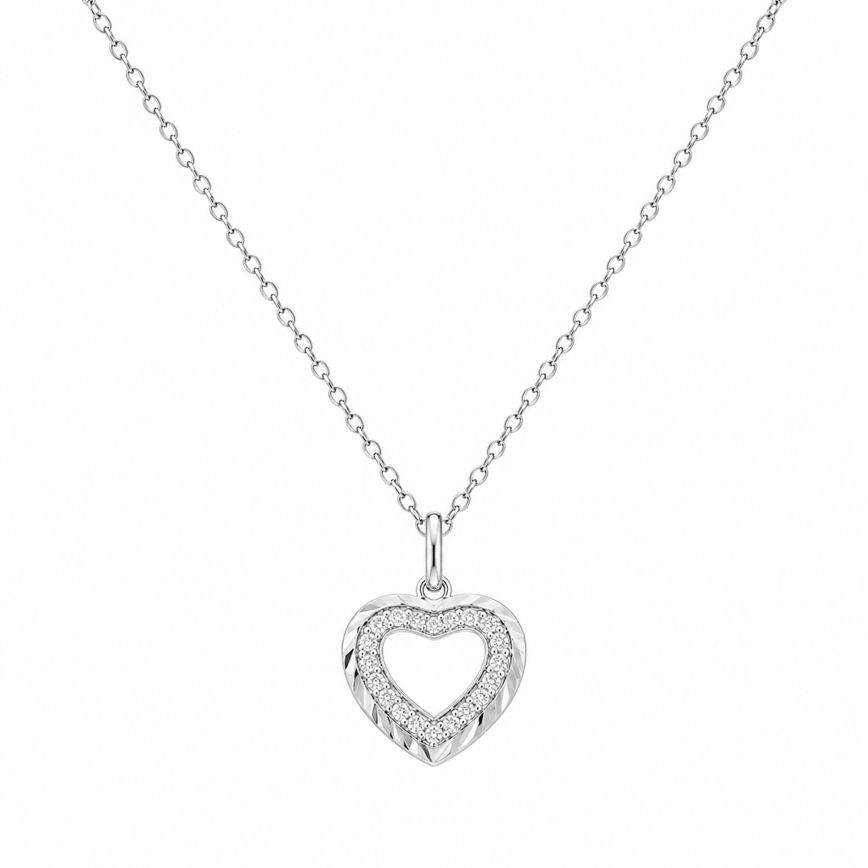 Rhodium Plated 925 Sterling Silver Lab Grown Diamond Cut Heart Pendant Necklace- LGMN00031