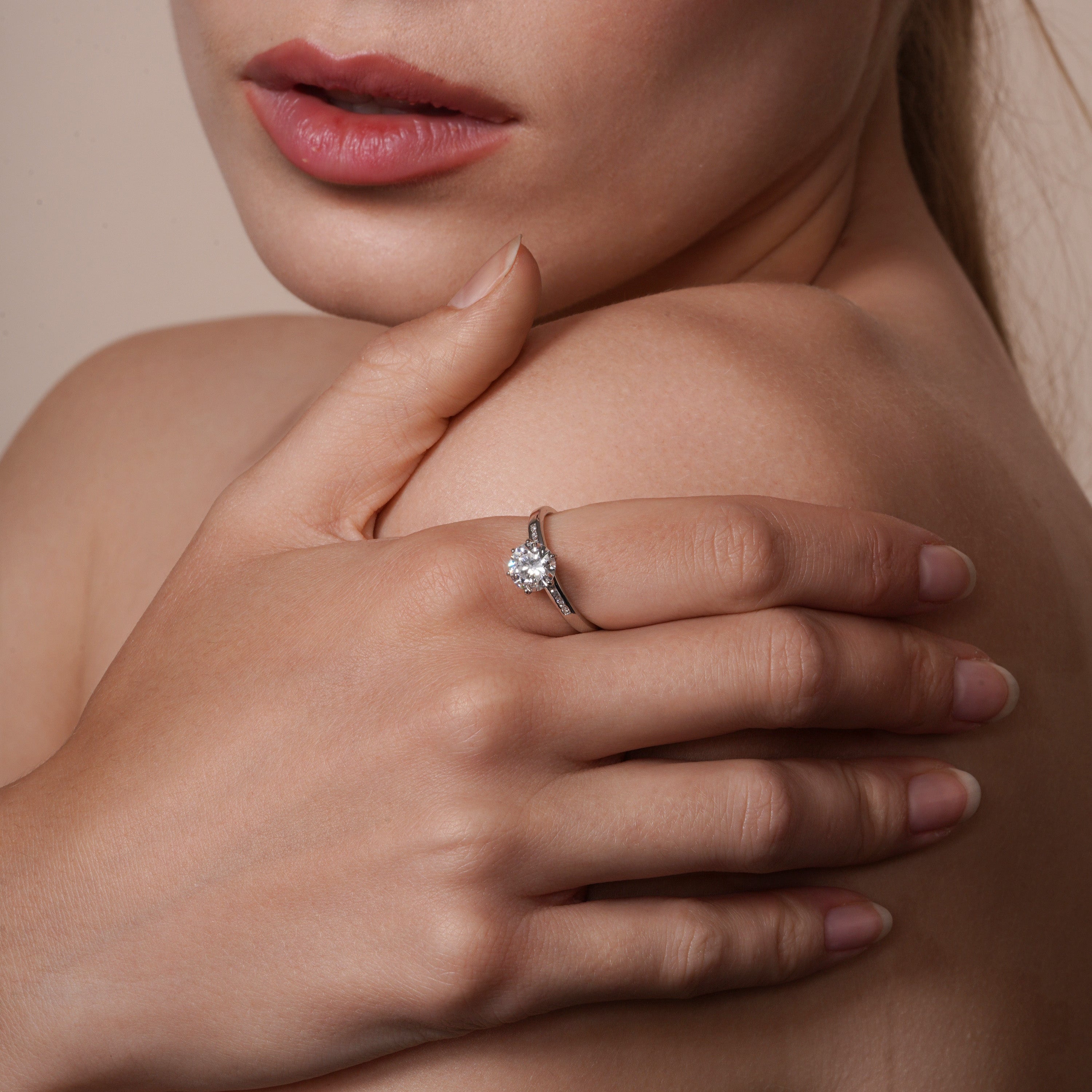 Rhodium Plated 925 Sterling Silver 7mm Round Lab Grown Diamond Pave Accents on Solitaire Engagement Ring - LGMR00003