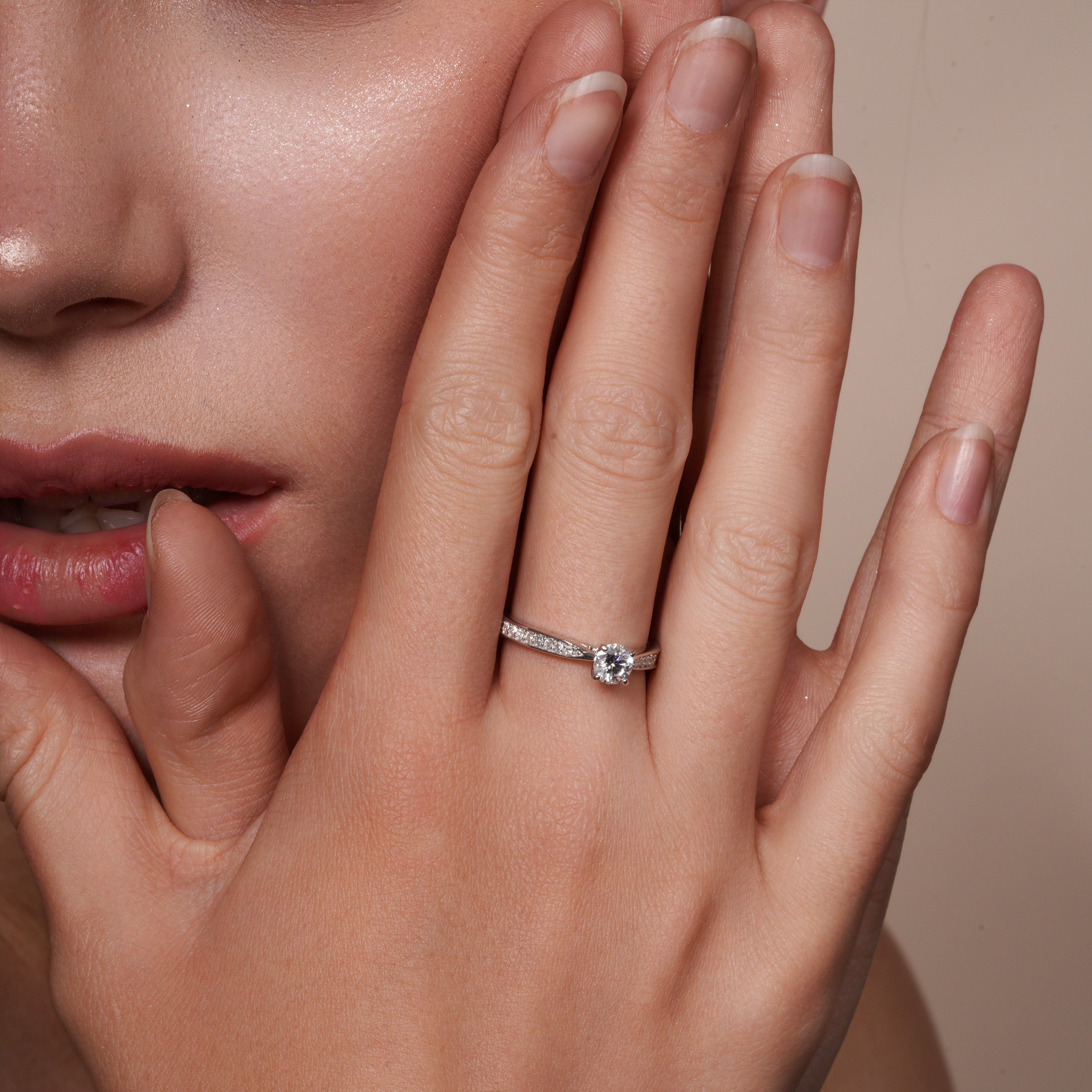 Rhodium Plated 925 Sterling Silver 5mm Round Lab Grown Diamond Pave Side Stones on Solitaire Engagement Ring - LGMR00005