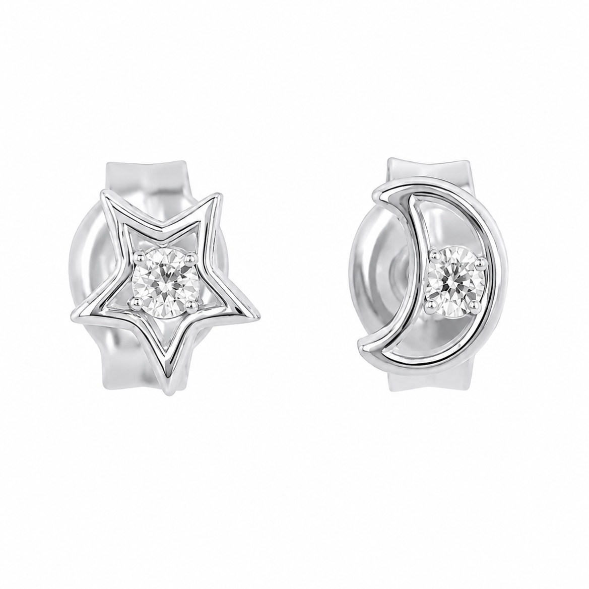 Rhodium Plated 925 Sterling Silver Lab Grown Diamonds Star and Moon Stud Earring - LGTGE00056
