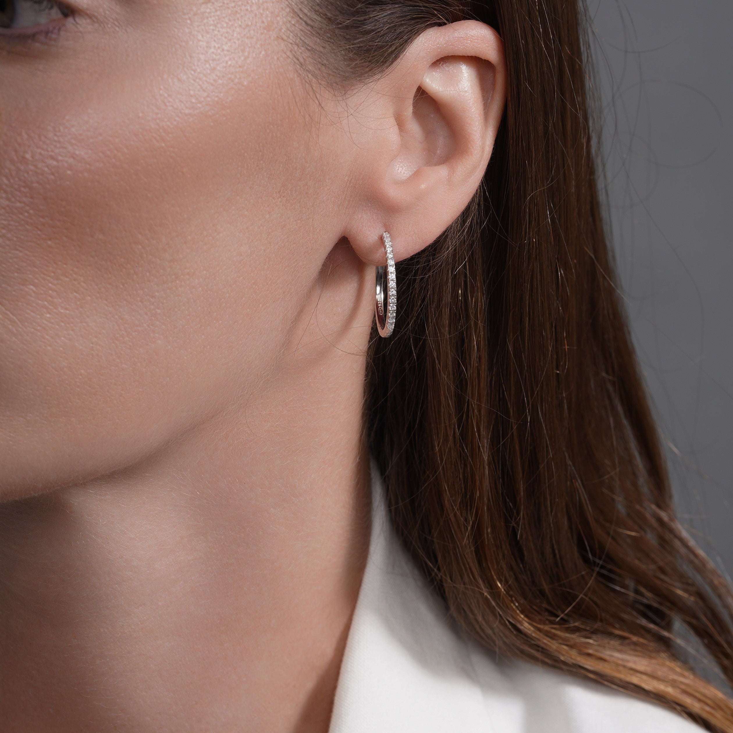 Rhodium Plated 925 Sterling Silver Round Moissanite Studded 20mm Hoop Earring - MDGE00003